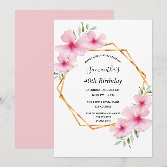 Invitation 40e anniversaire rose floraux or géométrique (Devant / Derrière)