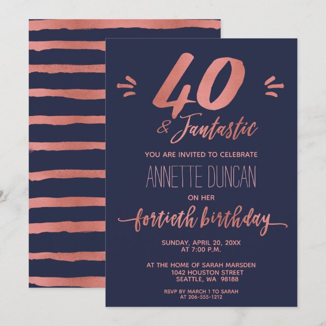 Invitation 40e anniversaire Rose Gold Blue soirée tendance (Devant / Derrière)