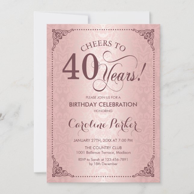 Invitation 40e anniversaire - Rose Gold Damask (Devant)