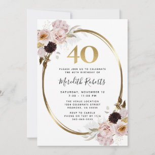 Invitation 40e anniversaire Rose Gold Metallic Floral Party