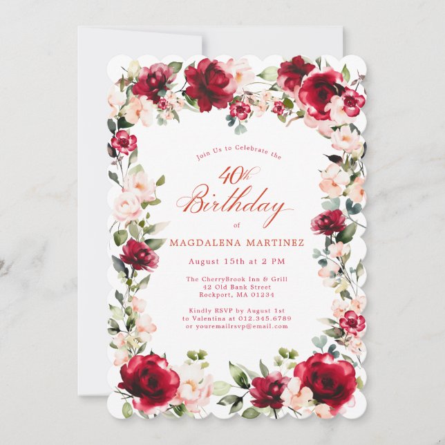 Invitation 40e anniversaire Rose rose rose rose rose rose ros (Devant)