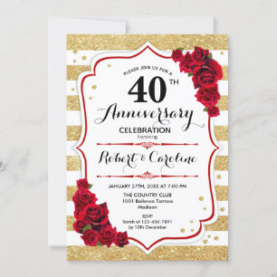 Invitation 40e Anniversaire - Roses rouges blanches or