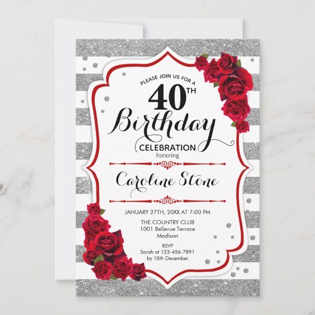 Invitation 40e anniversaire - Rouge argent blanc rayures Rose (Devant)