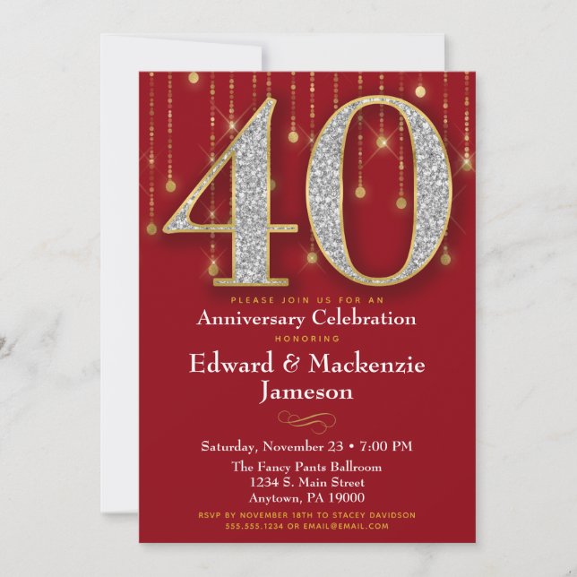 Invitation 40e Anniversaire Rouge Or Diamants (Devant)