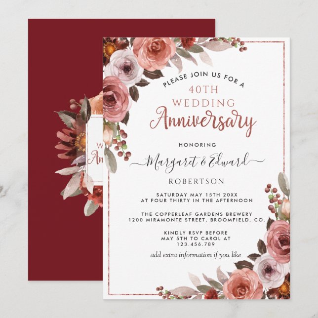 Invitation 40e Anniversaire Rouge Rubis, Blush Doré Rose Flor (Devant / Derrière)