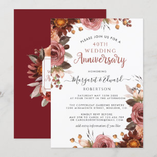 Invitation 40e Anniversaire Rouge Rubis, Floral Blush de Bour