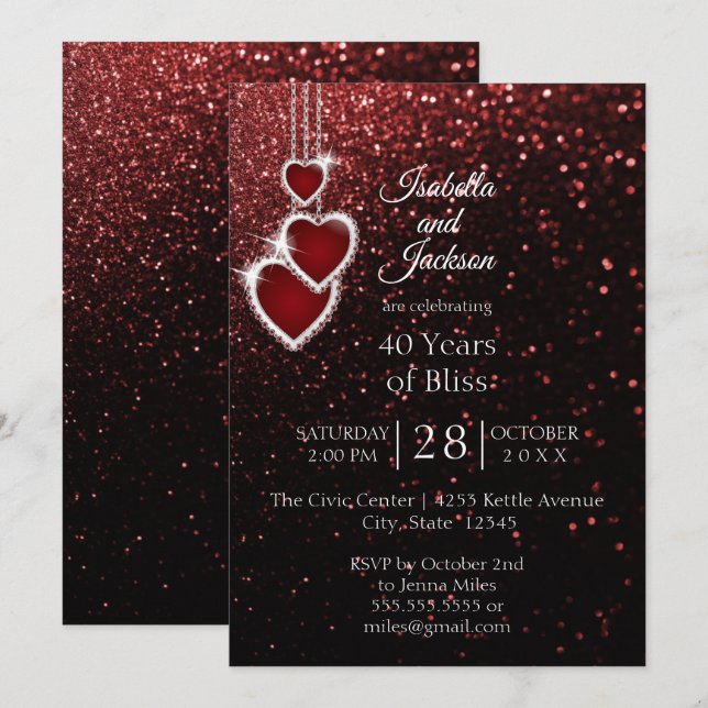 Invitation 40e Anniversaire Rubis Rouge Pailleté (Devant / Derrière)