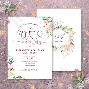 Invitation 40e anniversaire Ruby Heart Floral Monogramme