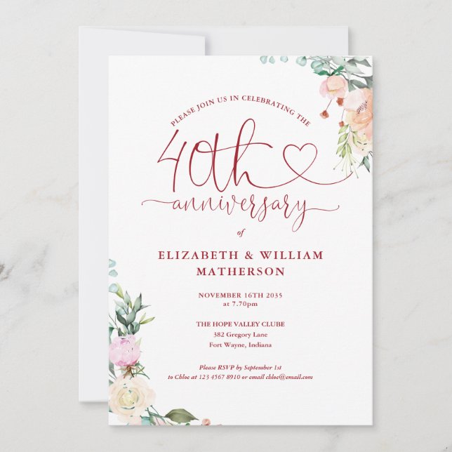 Invitation 40e anniversaire Ruby Heart Floral Monogramme (Devant)