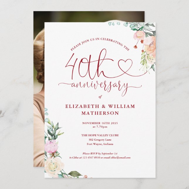 Invitation 40e anniversaire Ruby Heart Floral Photo (Devant / Derrière)