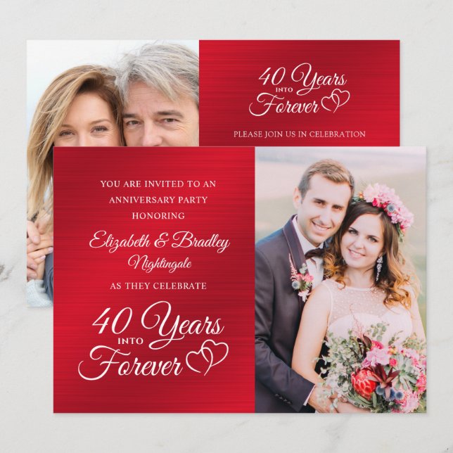 Invitation 40e Anniversaire Ruby Hearts ANNÉES EN FOREVER (Devant / Derrière)