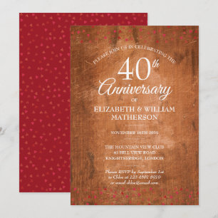 Invitation 40e Anniversaire Ruby Hearts Rustique Vintage Wood