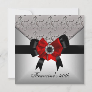 Invitation 40e anniversaire Silver Floral Black Red Bow Jewel