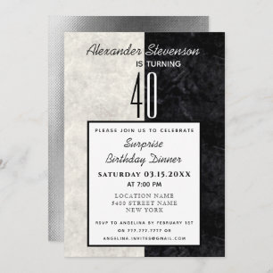 Invitation 40e anniversaire Simple Noir et Marbre blanc