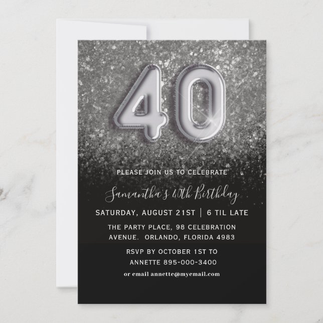 Invitation 40e anniversaire Soie et Parties scintillant noire (Devant)