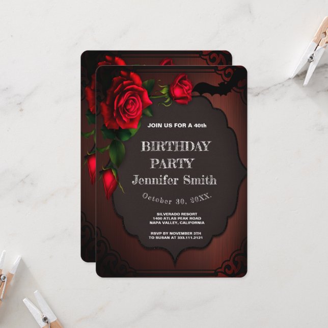 Invitation 40e Anniversaire Soirée gothique Rose rouge (Devant/Arrière en situation)