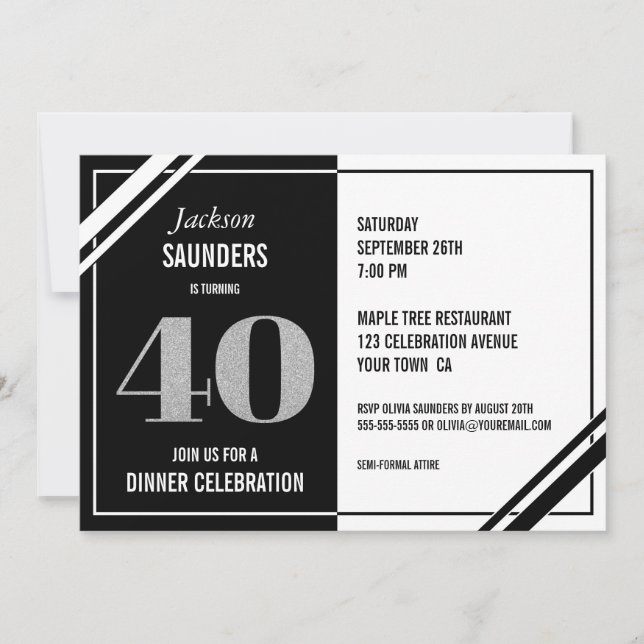 Invitation 40e anniversaire Soirée moderne Noir et Blanc (Devant)