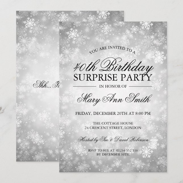 Invitation 40e Anniversaire surpris Silver Winter Wonderland (Devant / Derrière)