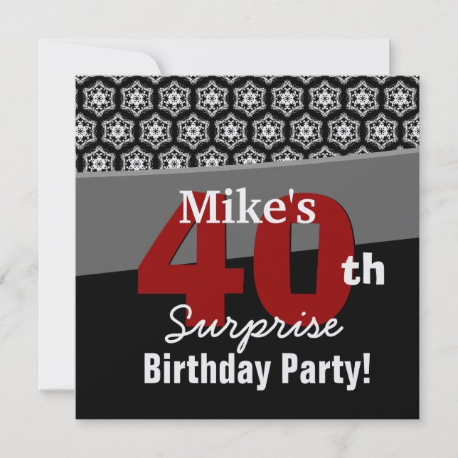 Invitation 40e anniversaire surprise Black White Red Stars (Devant)