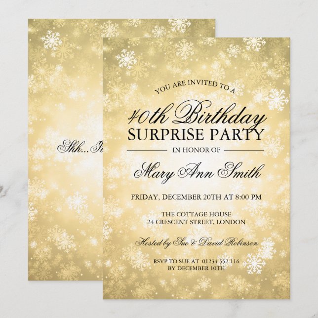Invitation 40e Anniversaire Surprise Gold Winter Wonderland (Devant / Derrière)