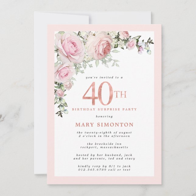 Invitation 40e anniversaire Surprise Party Rose rose Floral (Devant)