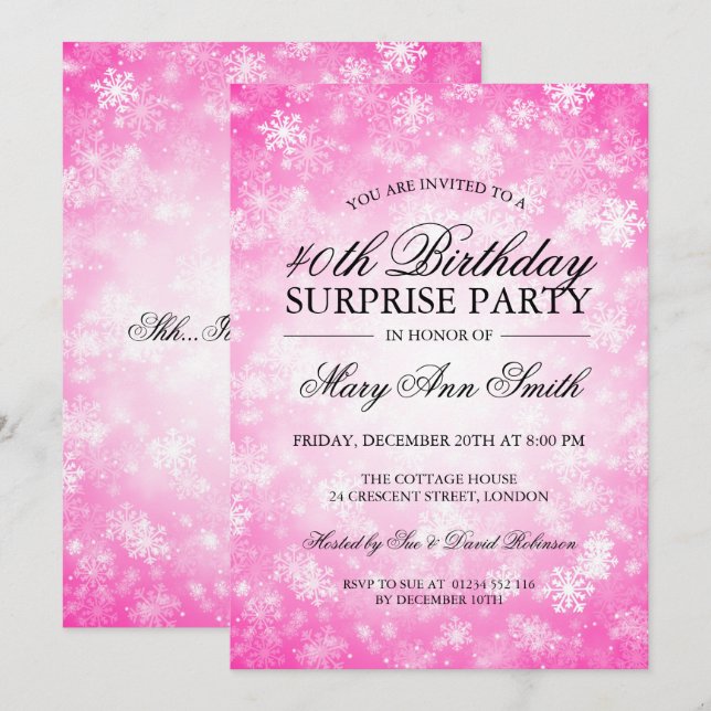 Invitation 40e anniversaire surprise Rose Pays des merveilles (Devant / Derrière)