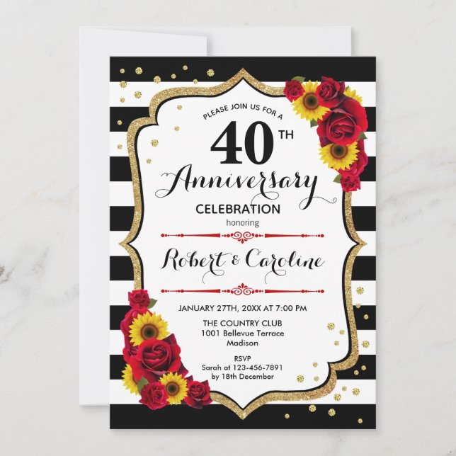 Invitation 40e Anniversaire - Tournesols Roses Rouges (Devant)