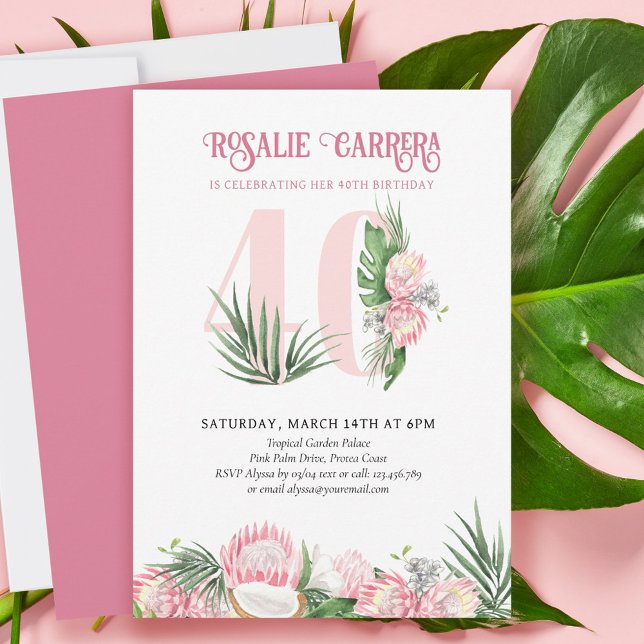 Invitation 40e Anniversaire Tropical Pink Protea Numéro 40 (Créateur téléchargé)