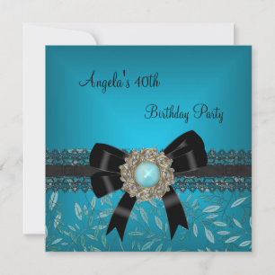 Invitation 40e anniversaire Turquoise bleu floral noir bijou 