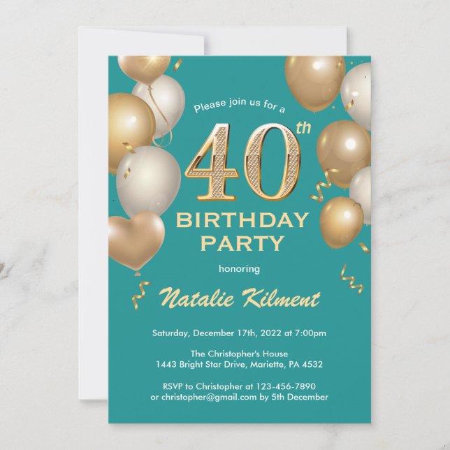 Invitation 40e anniversaire Turquoise et or Parties scintilla (Devant)