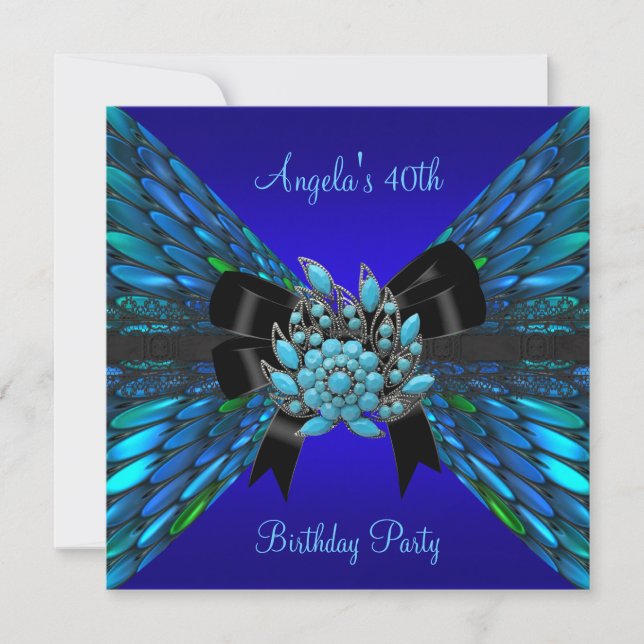 Invitation 40e anniversaire Turquoise Royal Blue Black Bow Je (Devant)