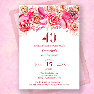Invitation 40e anniversaire Valentine Rose Rose Coeur Tourbil