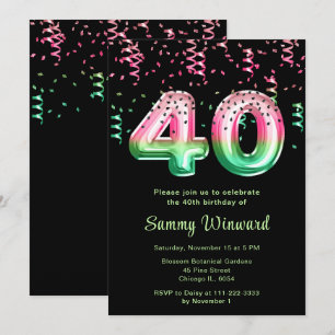 Invitation 40e anniversaire Watermelon Balloons avec Confetti