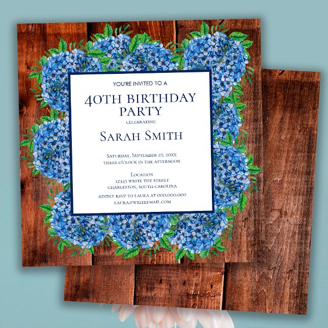 Invitation 40e anniversaire Wood Blue Hydrangeas Rustic Party (Créateur téléchargé)