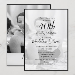 Invitation 40e Classy Monogramme noir blanc photo Anniversair