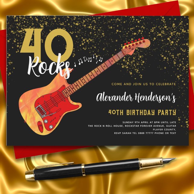 Invitation 40e fête d'anniversaire 40 Rocks Guitar Parties sc (40 rocks guitar black and gold 40th birthday party invitation )