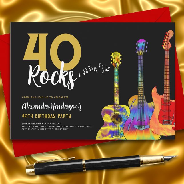 Invitation 40e fête d'anniversaire 40 Rocks Guitare (Rock and roll guitar black and gold 40th birthday party invitation guitarist musician music lover)