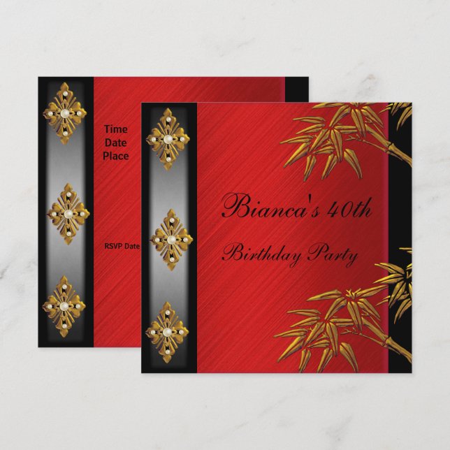 Invitation 40e fête d'anniversaire Asiatique Gold Bamboo Roug (Devant / Derrière)