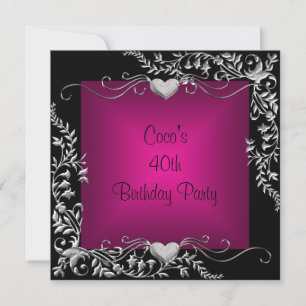 Invitation 40e fête d'anniversaire Black Argent Floral rose