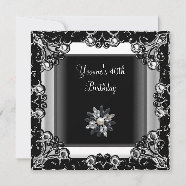 Invitation 40e fête d'anniversaire Black White Crystal Pearl (Devant)