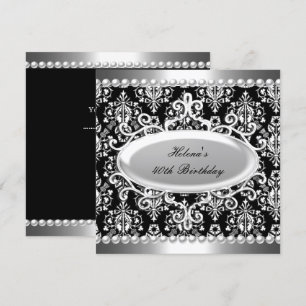 Invitation 40e fête d'anniversaire Black White Damask Pearl