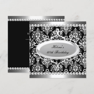 Invitation 40e fête d'anniversaire Black White Damask Pearl