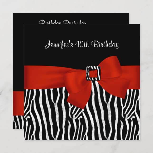 Invitation 40e fête d'anniversaire Black Zebra Stripe Red Bow (Devant / Derrière)