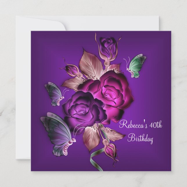 Invitation 40e fête d'anniversaire Elégant rose violet Roses  (Devant)