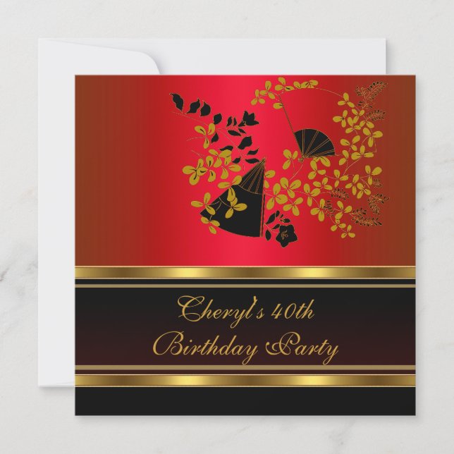 Invitation 40e fête d'anniversaire Floral Red Black Gold moti (Devant)