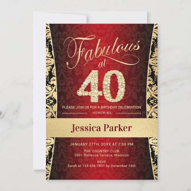 Invitation 40e fête d'anniversaire - Gold Red Black (Devant)