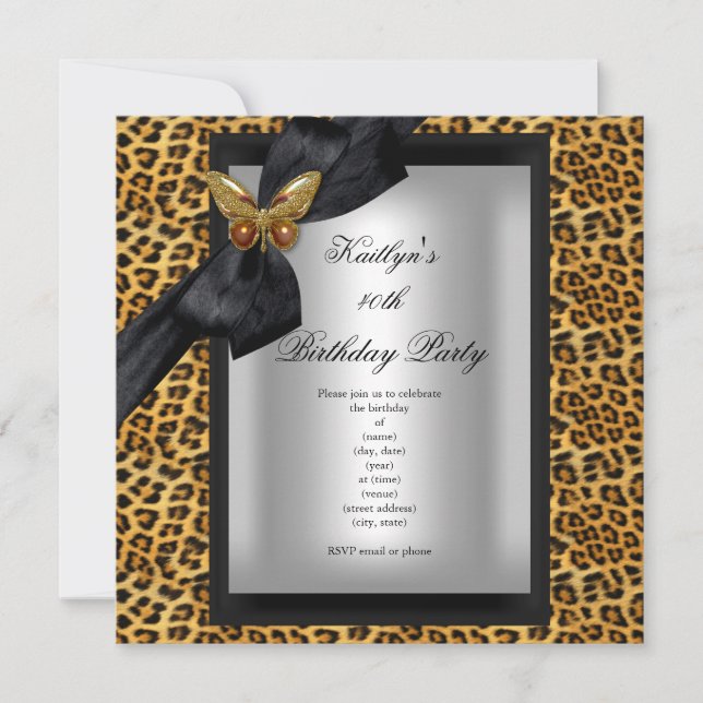 Invitation 40e fête d'anniversaire Leopard Black Butterfly (Devant)