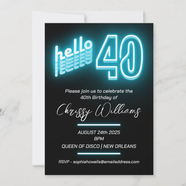 Invitation 40e fête d'anniversaire Neon Blue (Devant)