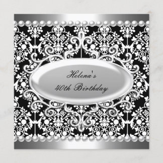 Invitation 40e fête d'anniversaire Noir Blanc Damas Floral