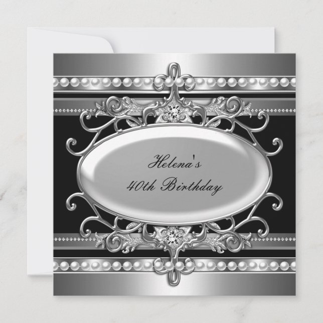 Invitation 40e fête d'anniversaire Perle noire et argent (Devant)